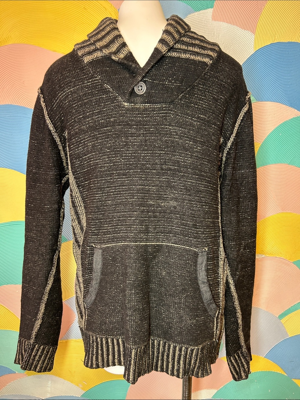 J.B. Holt Men's Black Shawl Collar chunky Knit Sweater Hoodie sz L
